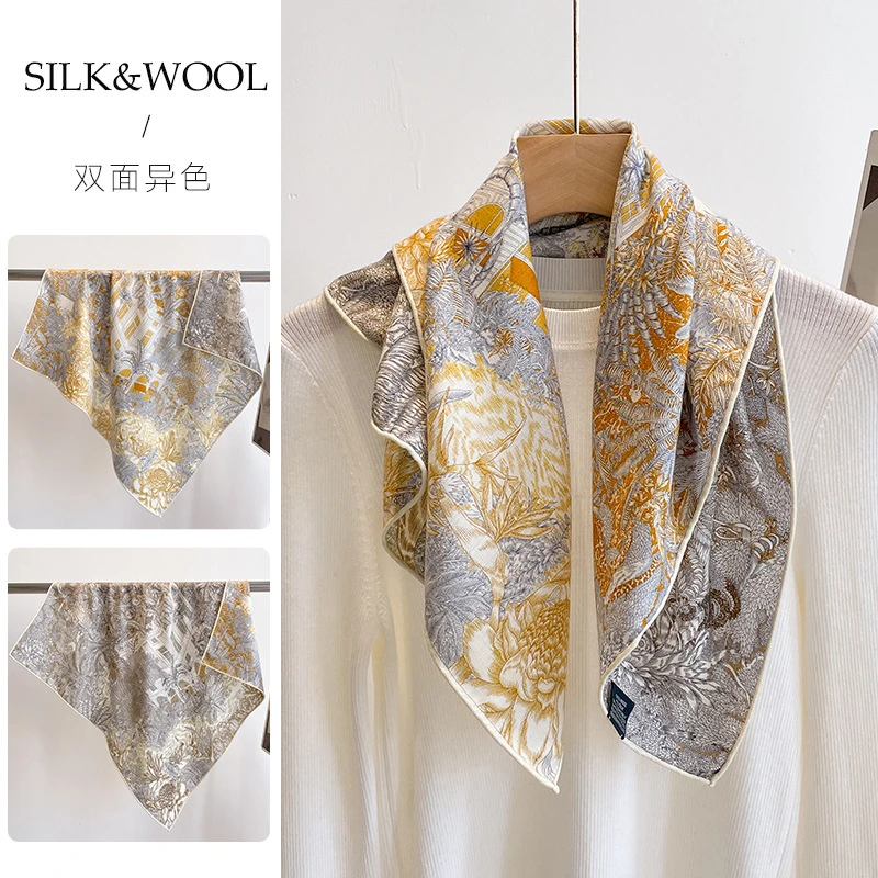 30% MULBERRY SILK 70% WOOL 65CM Square Scarf Double Sided Different Print Vintage Golden Floral Bird Neck Shawl Luxury Accessory