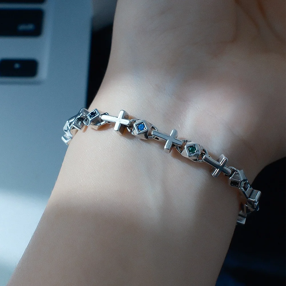 925 Sterling Silver Bracelets for Women Men String Accessories Retro Cross Zircon Pattern Pendant Party Jewelry Gift
