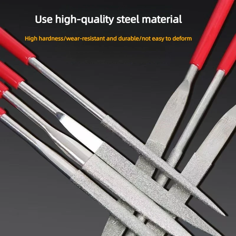 10Pcs Electroplated Diamond File Set with Red Handle, Flat & Round Assorted Diamond Files for Jewelry Metal Grinding Polishing