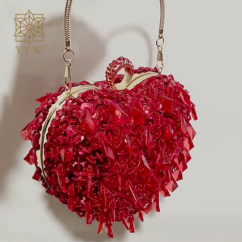 Bling Diamond Crystal Bag For Women Wedding Party Handbag Red Sequins Beading Clutch Heart Shape Chain Shoulder Crossbody Bags