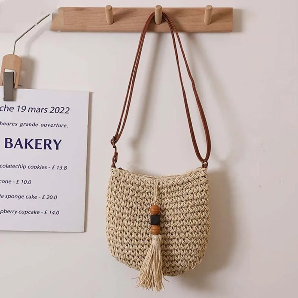 

Simple Pu Leather Raffia Bag Tassels Wood Bead Weave Straw Crossbody Bag Shoulder Bag Mobile Bag Tassels Beach Bag Shopping