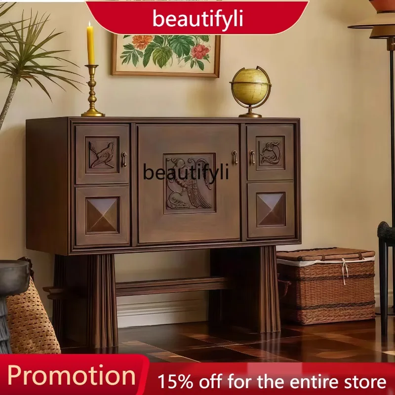 

New Medieval solid wood porch locker French retro side cabinet ash wood carved decorative cabinet 4109