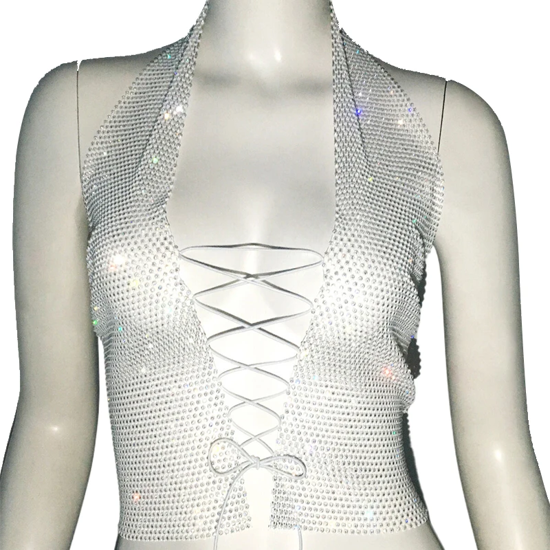 Damen Glitzer-Strass-Netz-Haltertop mit tiefem V-Ausschnitt, Schnürung vorne, transparent, für Club, Party, Strand, ärmelloses Tanktop – Detail 8