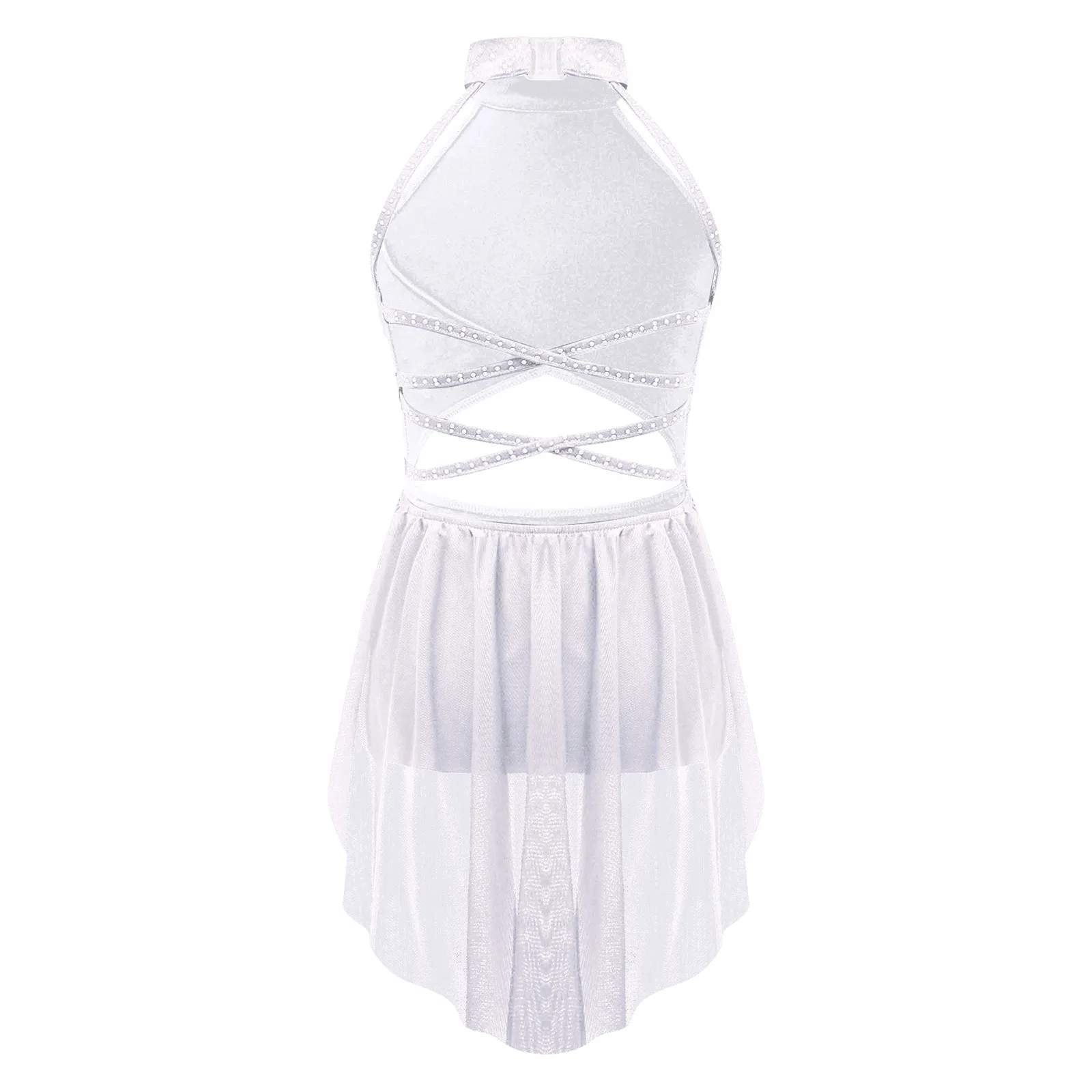 Kids Girls Ballet Dance Dress Rhinestones Gymnastics Leotard Bodysuit Backless Sheer Mesh Lyrical Modern Figure Skating Costume