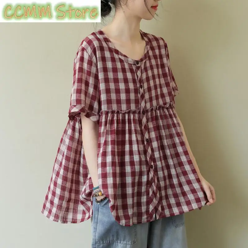 Fashion O-Neck Button Loose Spliced Ruffles Plaid Shirts Women Clothing Summer New Oversized Casual Tops All-match Blouses
