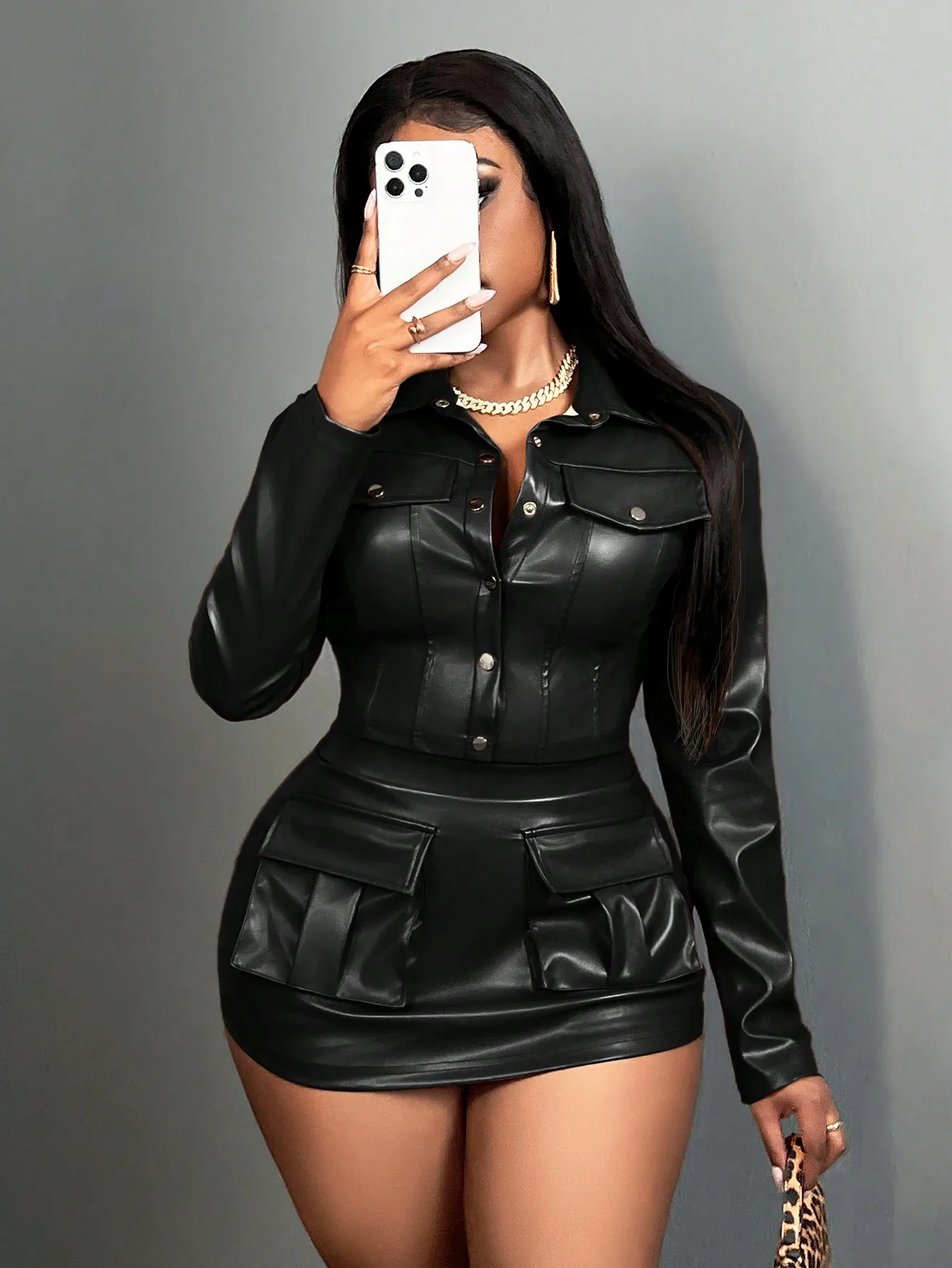 Women's 2-Piece PU Leather Set: Long Sleeve Button-Up Jacket & Cargo Pocket A-Line Mini Skirt