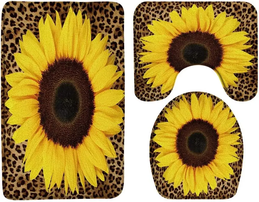 

3 шт. набор ковриков для ванной с леопардовым подсолнухом, коврик из пены с эффектом памяти Cheetah Floral Farmhouse, U-образный чехол для унитаза, декор в деревенском стиле с животными