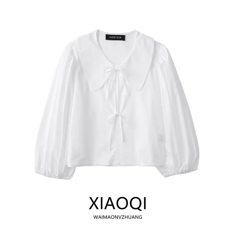 

Loose Fit round Ne ort Sve Chiffon irt Women's Summer New Sle White Casual irt Straight Cut Long Sve Doll Collar