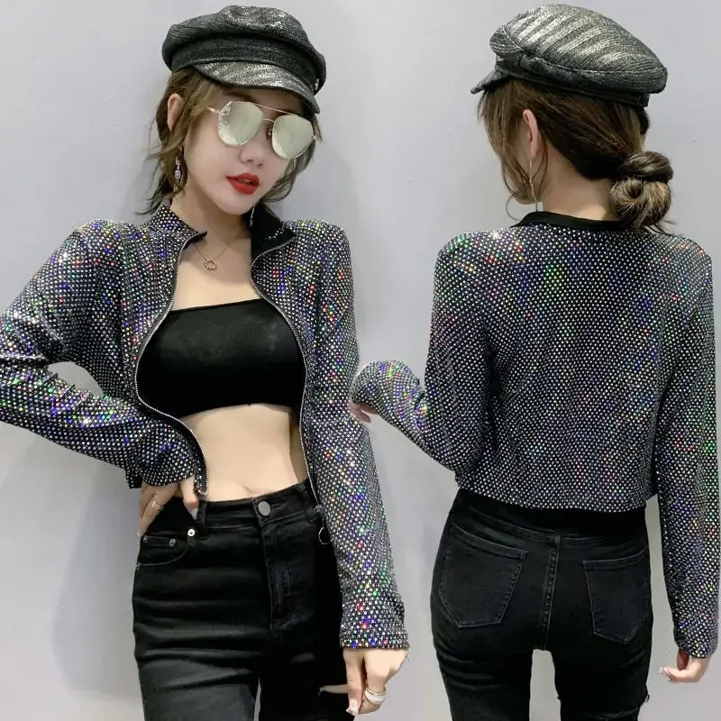 

Shiny Sequin Cropped Jacket Zipper Spring Autumn Coat Women Slim Fit Sweatshirt Long Sleeve Tops High-end Jacket Streetwear Chic