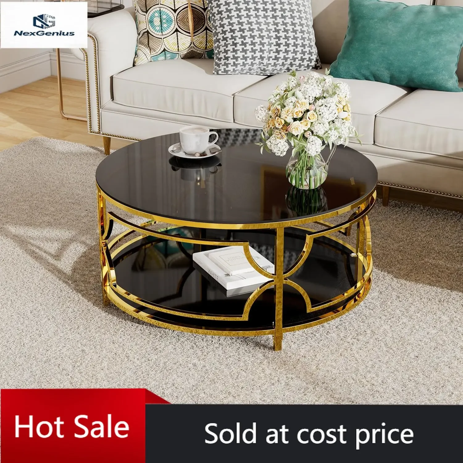 30.7'' Round Tempered Glass Coffee Table with Gold Metal Frame & Lower Shelf, Geometric Base Design for Living Room, Black