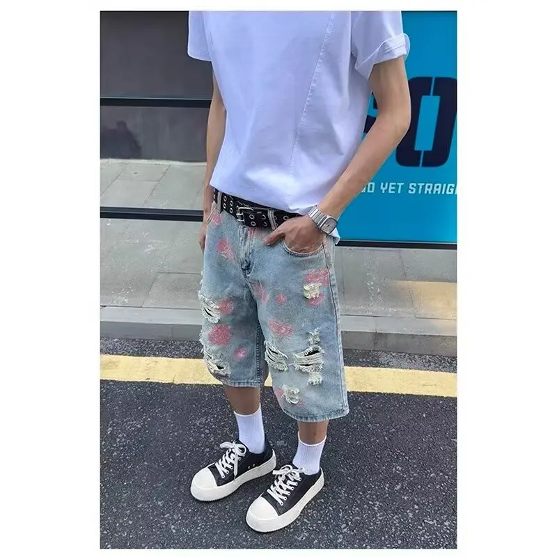 

Мужские летние повседневные шорты свободного кроя с цветочным принтом и прорезями, тонкие, в американском уличном стиле, длиной до колена