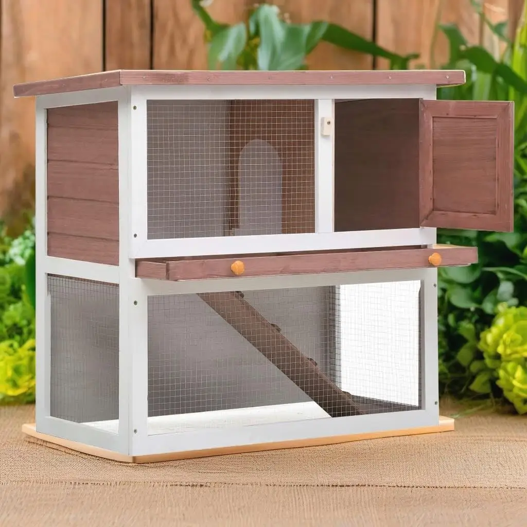 Wooden Outdoor Rabbit Hutch with Single Door – Durable Brown Small Animal Shelter