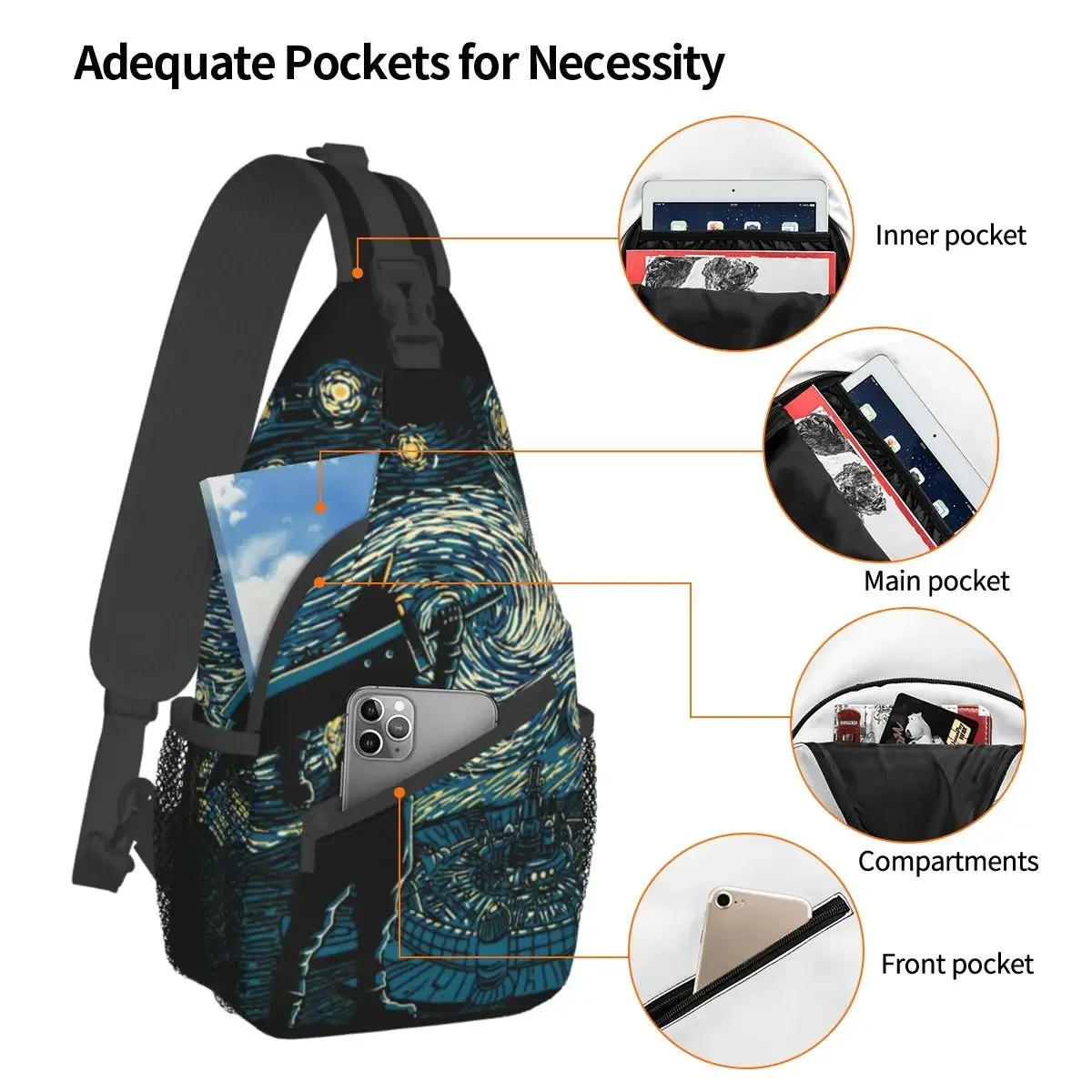 Starry Final Fantasy Van Gogh Small Sling Bags Chest Crossbody Shoulder Sling Backpack Travel Hiking Daypacks Pop Art Game Pack