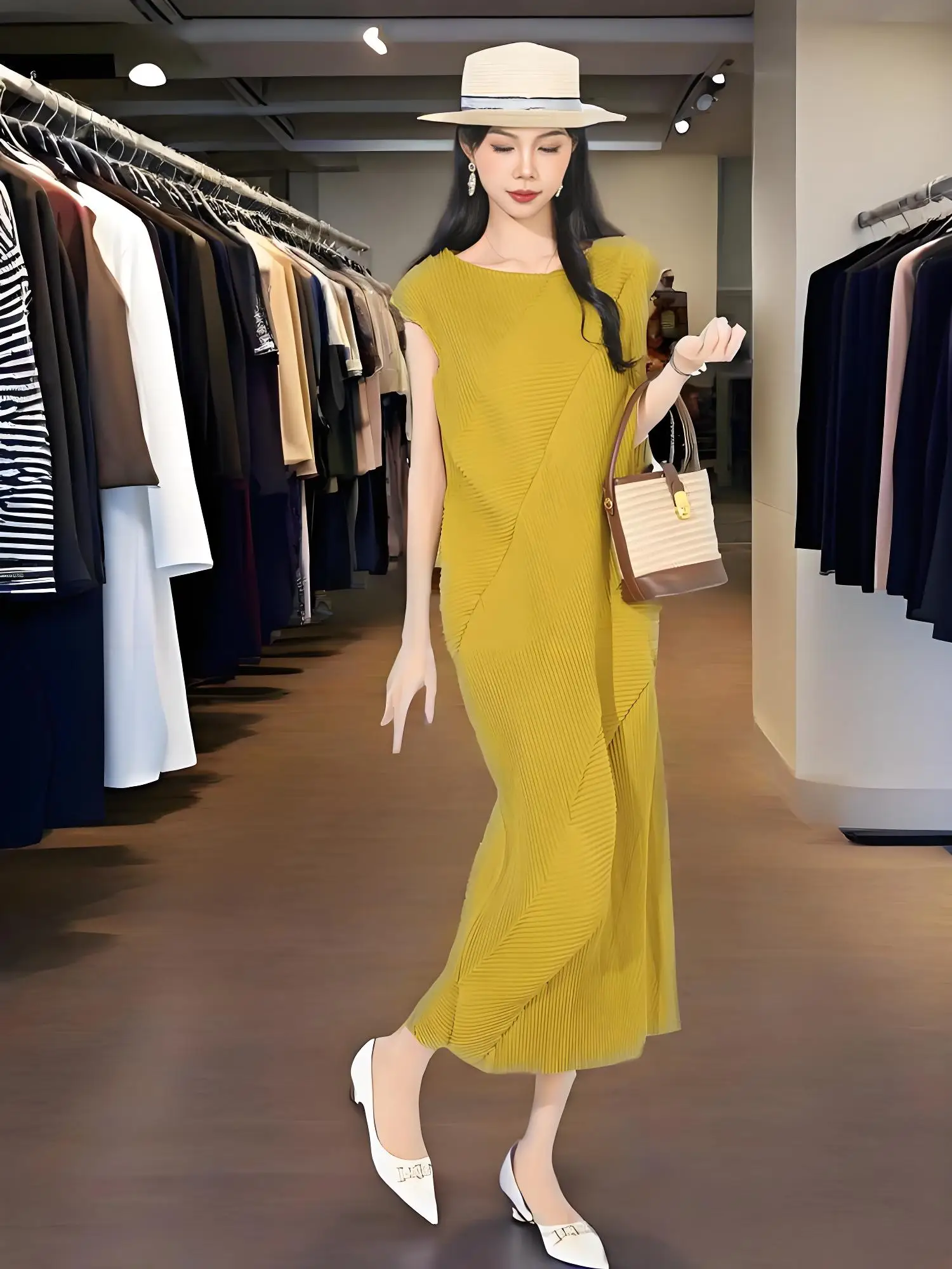 

Miyake Summer New Dress Pleated Versatile Loose and Thin Simple and Elegant Solid Color Round Neck Sleeveless Long Dress Women