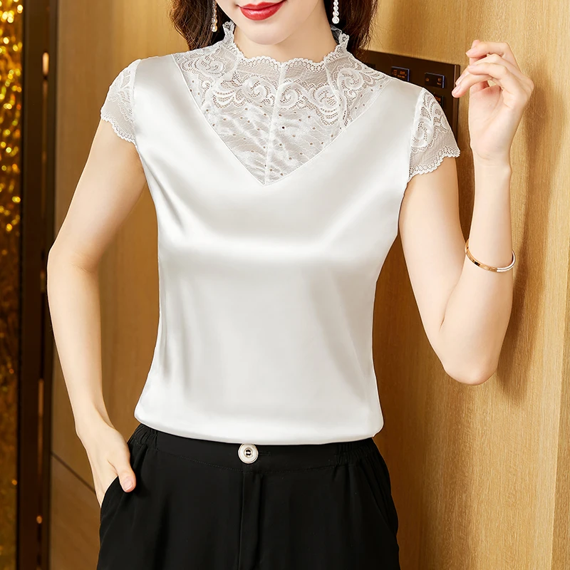 M-5XL 2023 Korean Fashion Lace blouse Patchwork Half high neck Satin Pullovers Tops Summer Short sleeve Women shirt