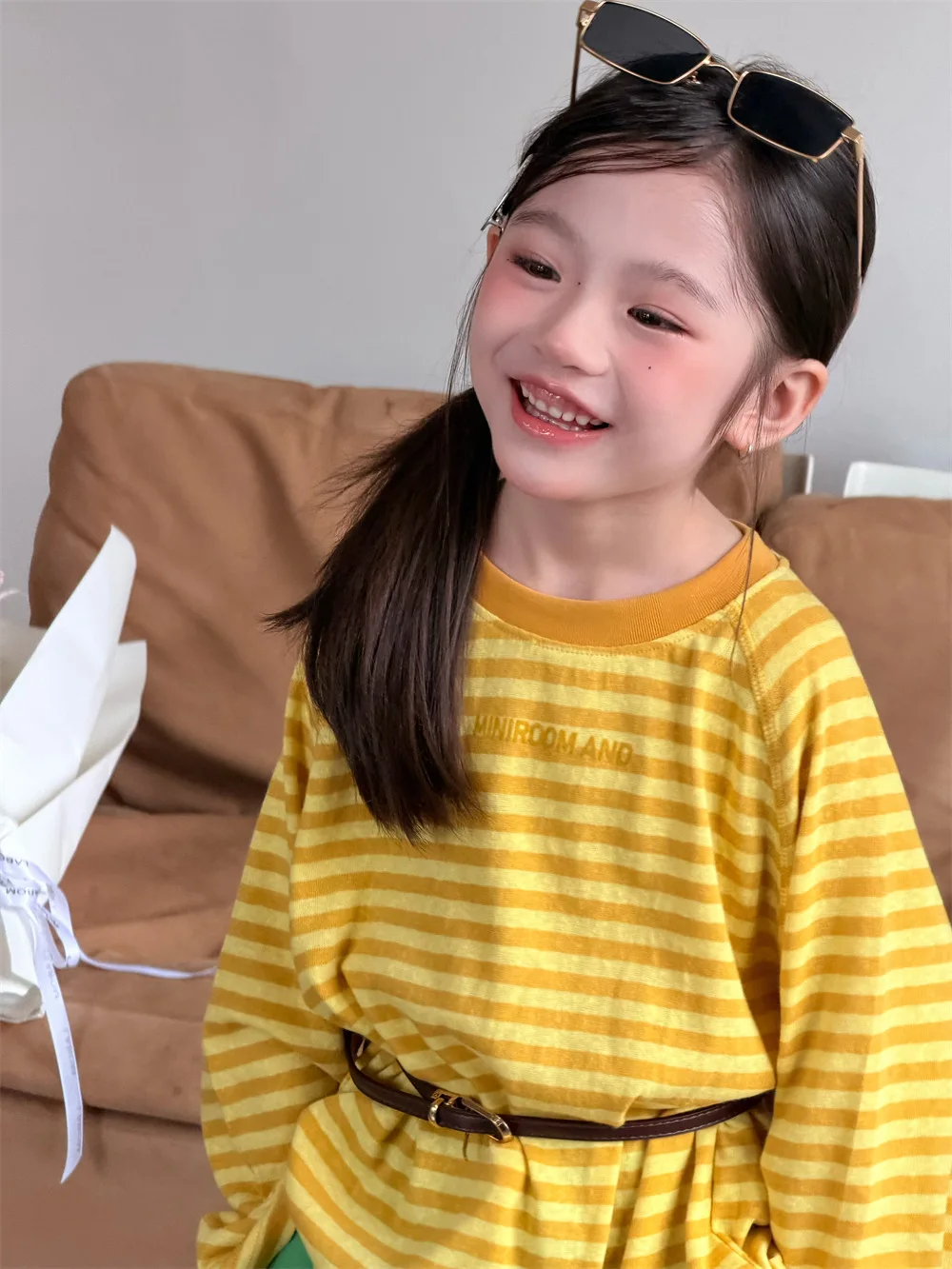 

2026 Spring Children's Clothing Korean Striped Letter T Sleeve Versatile Loose Shoulder Long Sleeve Base Shirt Boys and Girls