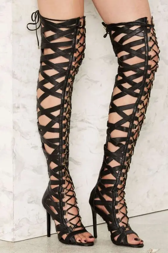 

Gladiator Cross Strap Hollow Over the Knee Boots Luxury Thin High Heel Knee High Boots Fashion Sexy Women Nightclub Ladies Shoes
