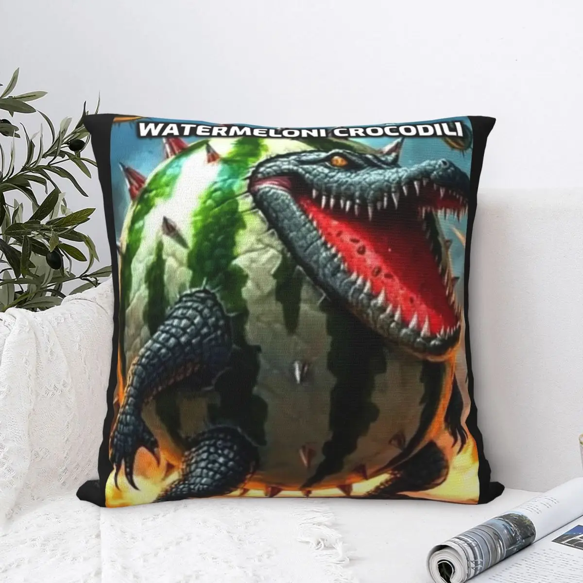 Watermeloni CrocodiliBrainrot Fusion Italian Meme Throw Pillow Cover Polyester Decorative Pillow Creative Pillowcover Home Decor