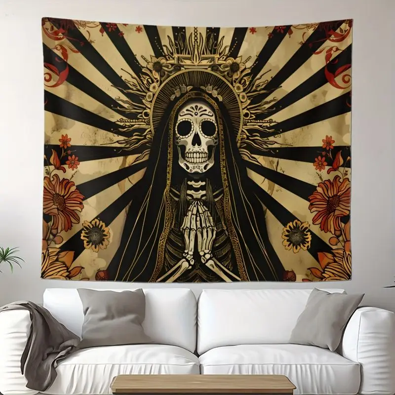 VIKAMA Vintage Saint Death Skull Tapestry, Gothic Day of the Dead Hanging Decor, Living Room Halloween Wall Decor