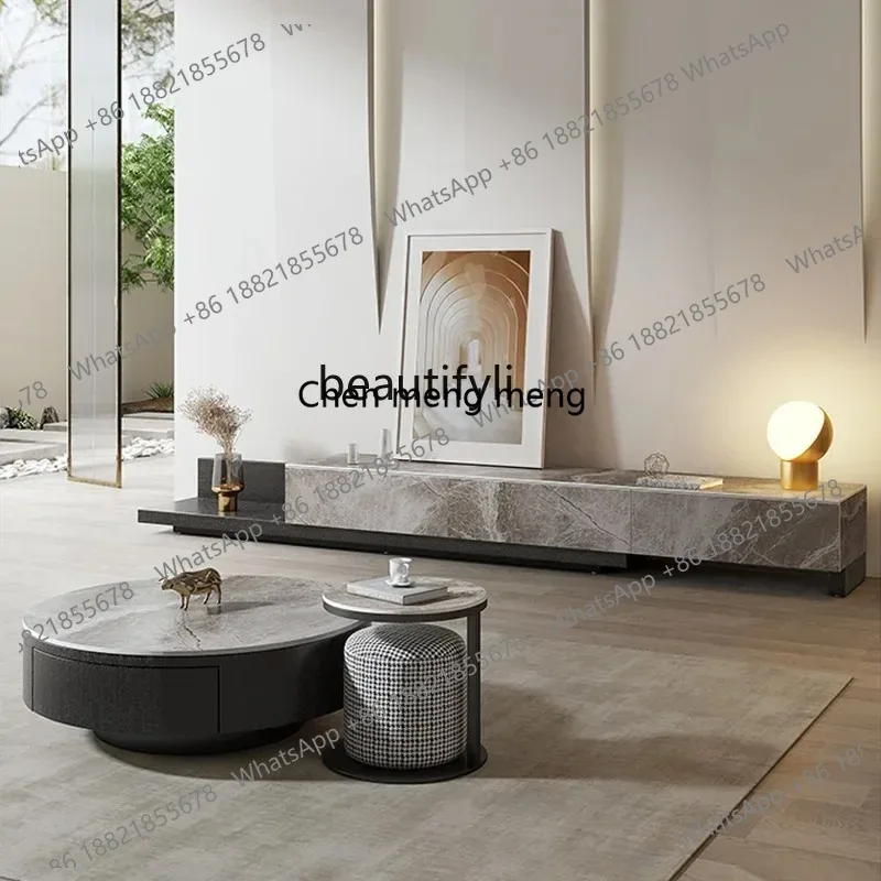 LHY26 ss zq Italian Minimalist Stone Plate round Tea Table High and Low Combination Simple Modern Bright Light Retractable TV Ca