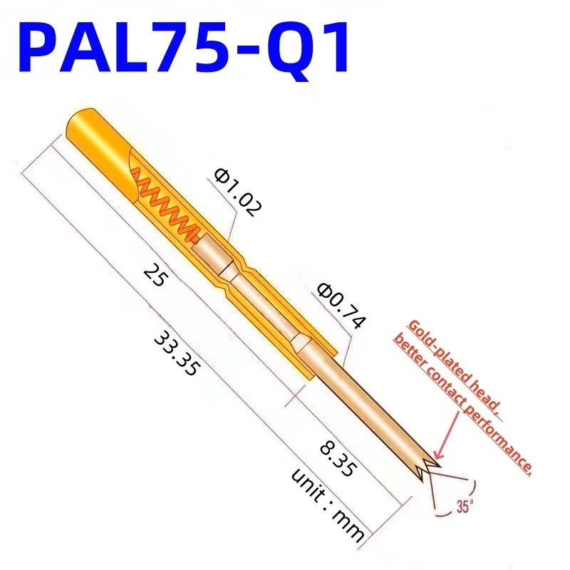 100PCS PAL75-Q1 Spring Test Probe Test Pin Pogo Pin PL75-Q1 PL75-Q ICT FCT PCB Test Tool 0.74/1.02/33.35mm Gold Needle Crown Tip