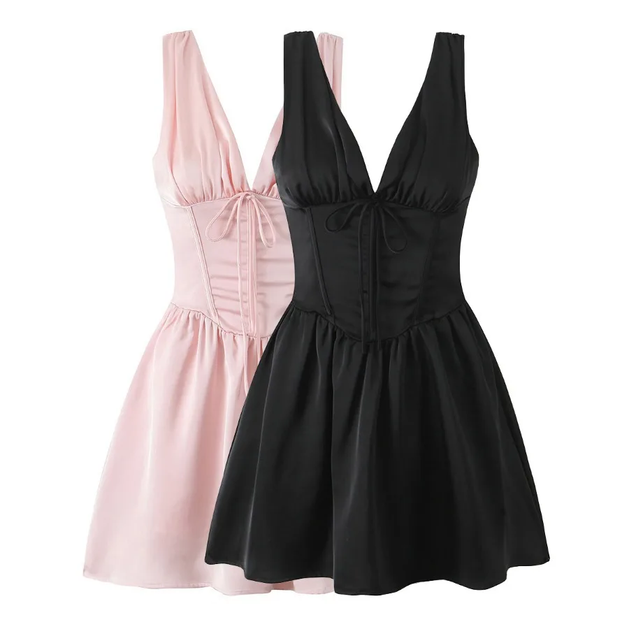 Autunno moda Sexy Camis abito corto nero donna solido Mini abiti rosa Silm Fit Backless scollo a v Puffy Tank Shirt Y2k vestiti