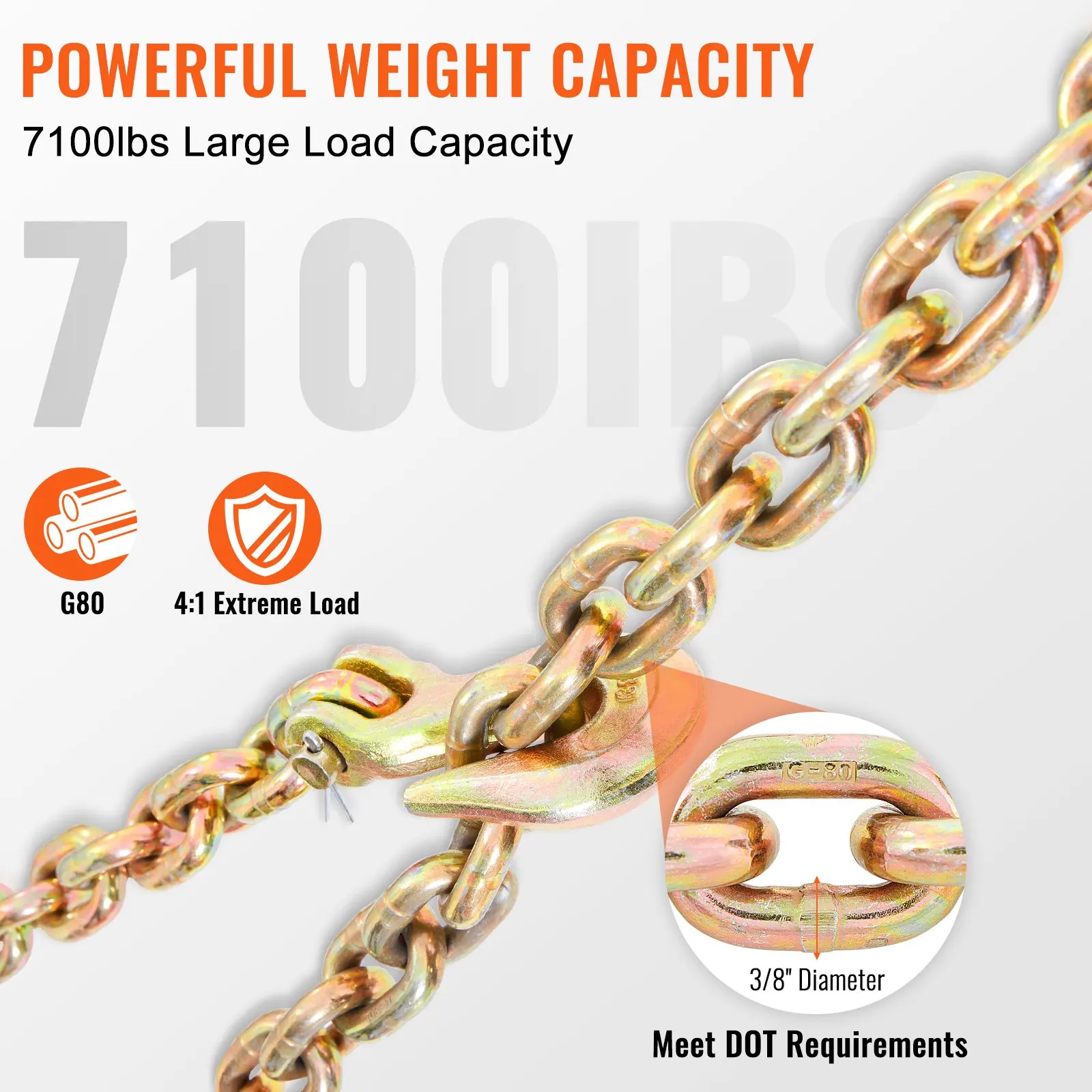 

Transport Binder Chain, 7100 Lbs Working Load Limit, 3/8'' X 20' G80 Tow Chain Tie Down With Grab Hooks, DOT Certified,