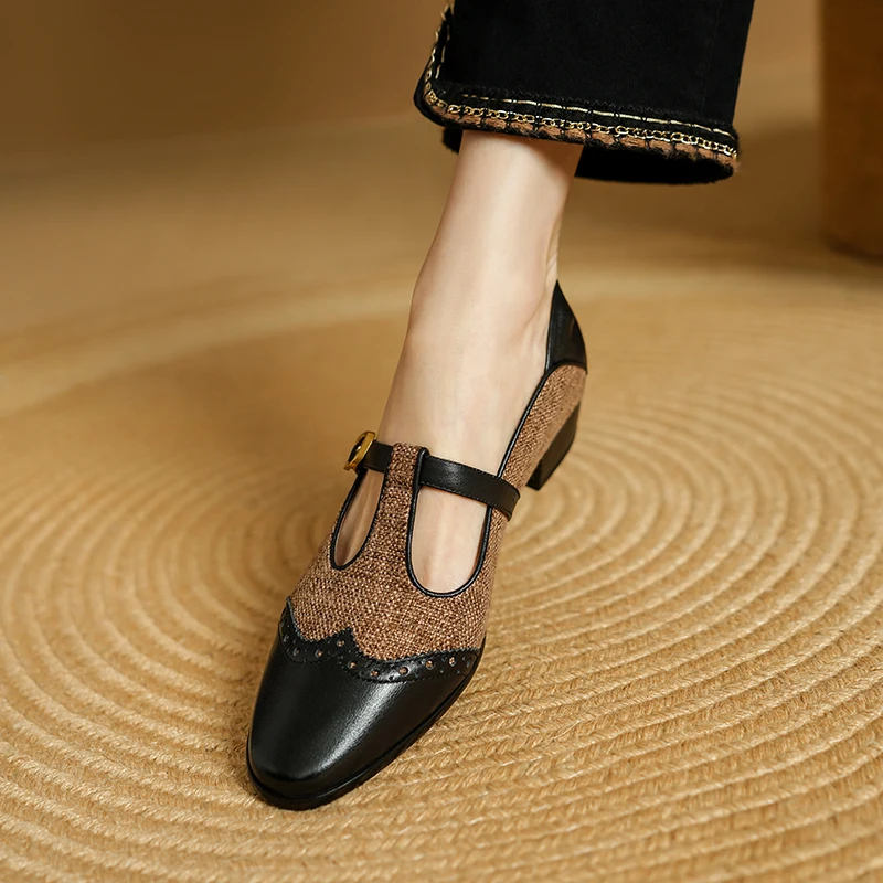 2025 New Women Dress Shoes Thick Heels T-Strap Shoes Genuine Leather Shallow Square Toe Pumps Ankle Strap Ladies Shoes Office
