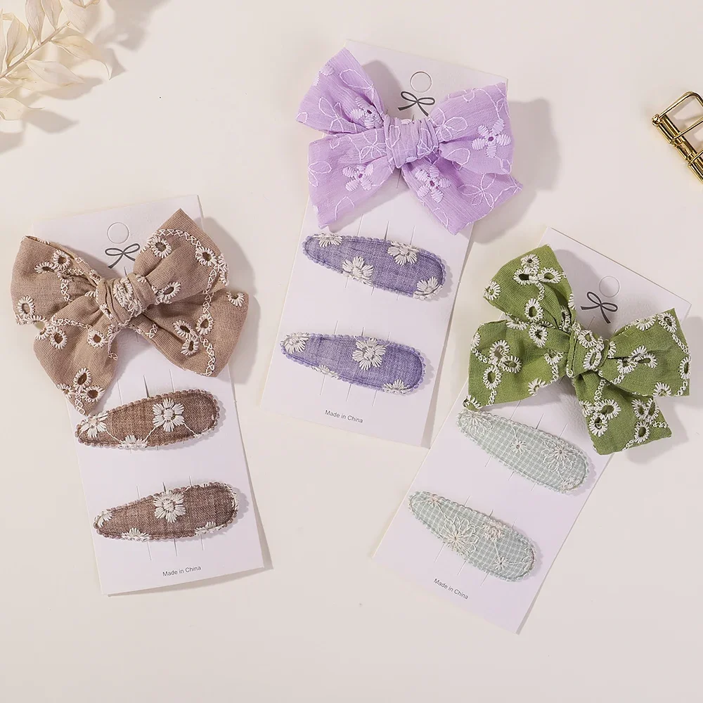 3PCS Girls' Bows Hair Clip Forest Style Sweet Embroidery Exquisite Pair Clip Set Children's Side Bangs BB Hairclip Headwear