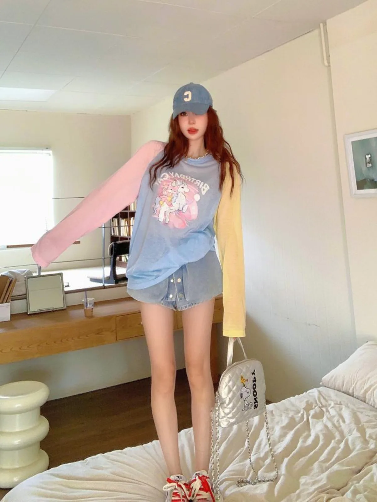 여성 활력 여름 데이 도파민 프린팅 라운드 넥 긴 패턴 소매 티셔츠 탑 여성 캐주얼 여성 티셔츠 트렌드