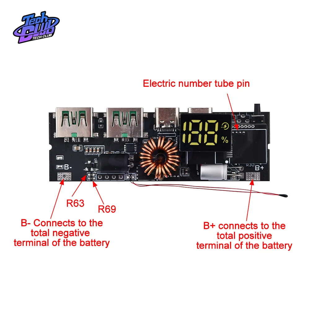 QC4.0 QC3.0 LED Dual USB PD Fast Charger 5A 100W Micro/Type-C USB Mobile Power Bank 18650 Charging Temperature Protection Board