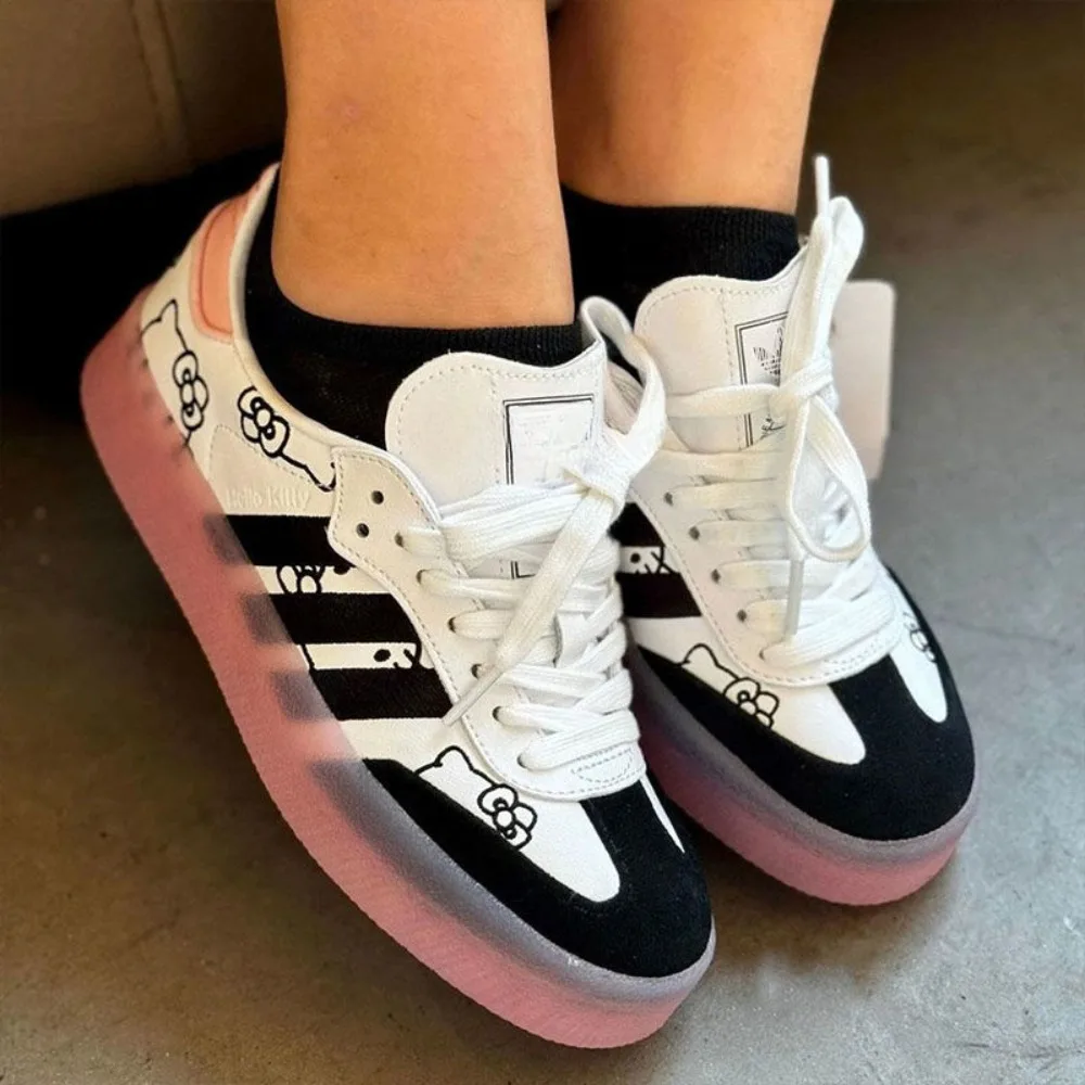 Miniso Hello Kitty Sneakers with Prints Fashionable Color Blocking Stripes Casual Shoes Anime Students Anti Slip Couple Shoes