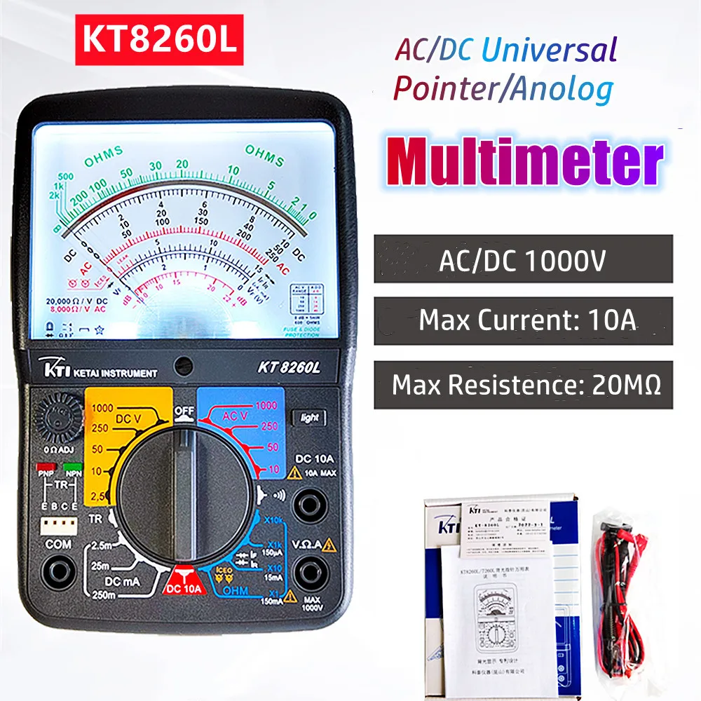 KT8260L precyzyjny wyświetlacz wskazówkowy analogowy multimetr AC/napięcie prądu stałego 1000V 10A 20MΩ ręczny Tester rezystancji z podświetleniem