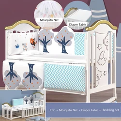 1.2 M Wood Baby Crib With Mosquito Net And Diaper Table , Bedding Set, Side Bed, Children cot