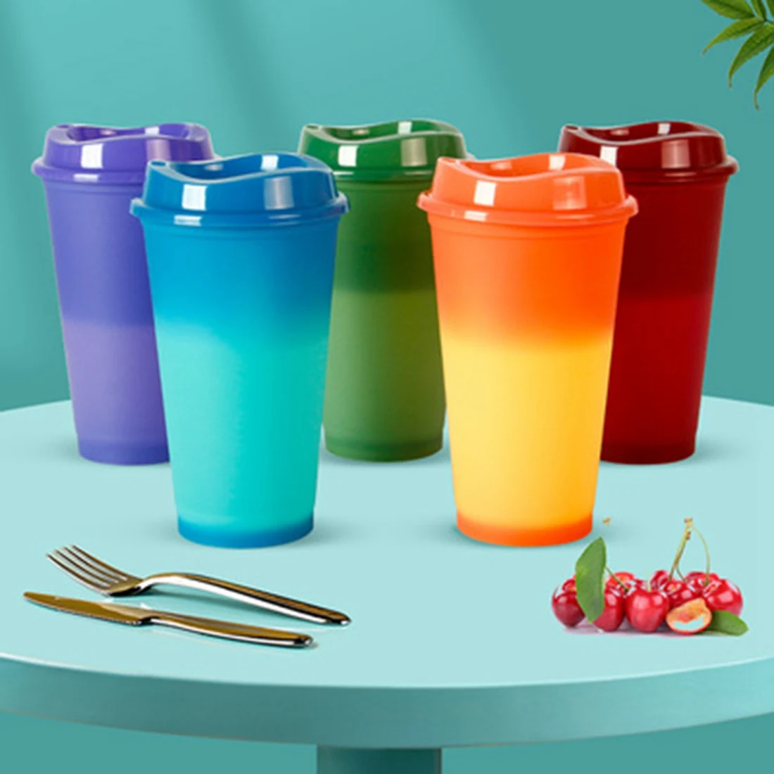 5 PCS/Set 16 OZ Plastic Reusable Color Changing Cold Water Coffee Cups with Lid Household Drinkware Kitchen Products