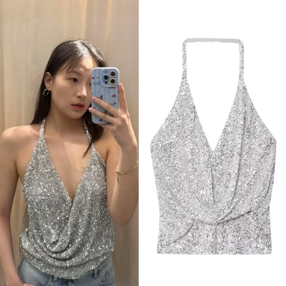 

LIBIELIY New Fashion Pleated Pile Collar Sequined Girlish Sleeveless V-neck Sexy Backless Halter Christmas Party Top