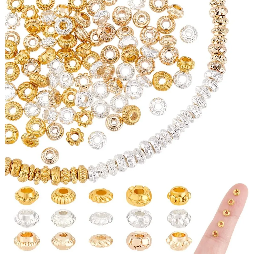 

120Pcs Spacer Beads 5 Styles 3 Colors Spacer Beads Rondelle Loose Beads Metal Beads for DIY Craft Necklace Bracelet Jewelry
