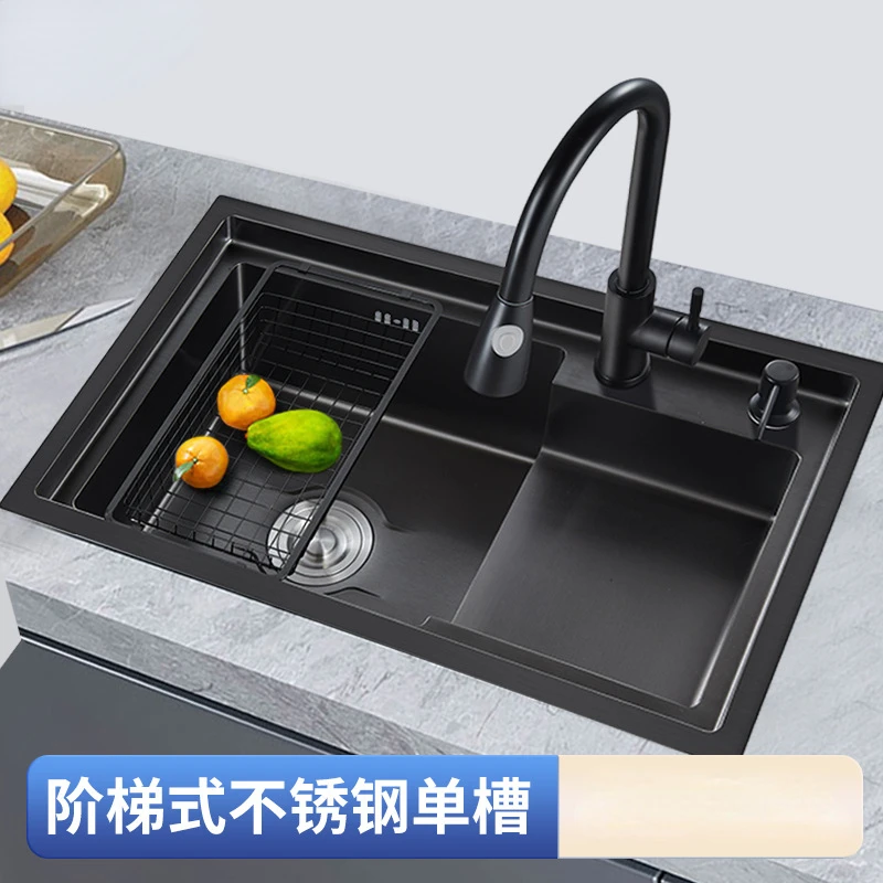 

Kitchen Large Single Sink Stainless Steel Ladder Handmade Sink Multi-Functional Black Nano Washing Basin