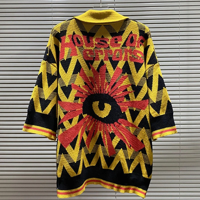 

Уличная одежда, свитер «Дом ошибок», повседневный свободный свитер высокого качества, модный жаккардовый вязаный свитер с короткими рукавами для мужчин и женщин