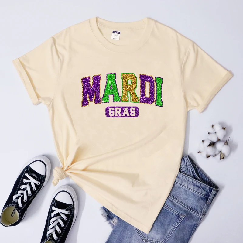 Women Mardi Gras Glitter T-shirt Aesthetic Louisiana Fat Tuesday Holiday Gift Tshirt Retro Mardi Gras Carnival Party Tee Top