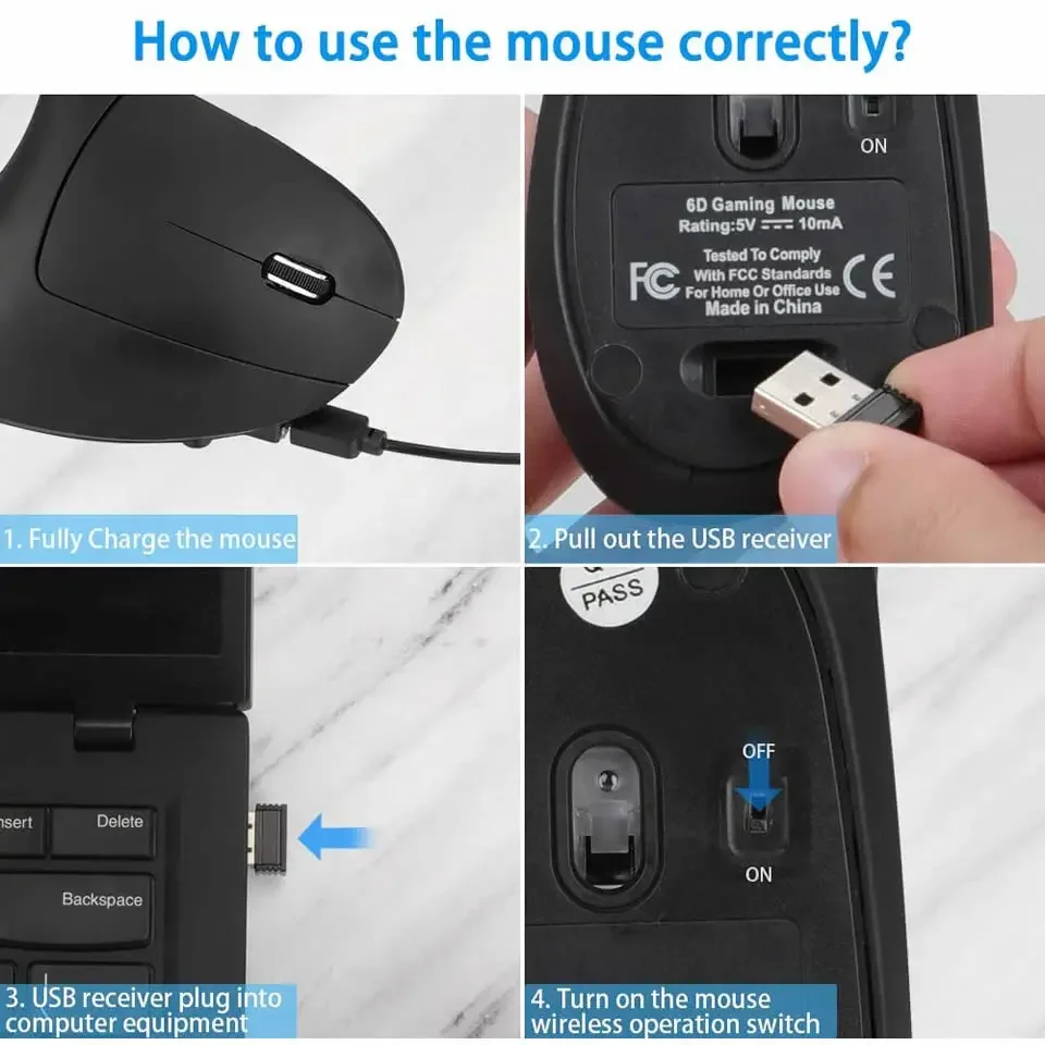 Pionowy ergonomiczna mysz do gier bezprzewodowy akumulator Gamer Mause Kit optyczny 2.4G mysz komputer komputer Laptop stacjonarny USB myszy