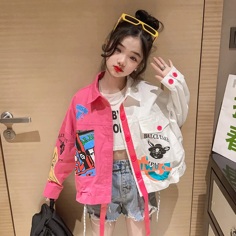 Novelty Design Girls Jacket Children\'s Clothing Coats White Pink Patchwork Cartoon Print Cotton Denim Jackets Tops Kids Outwear