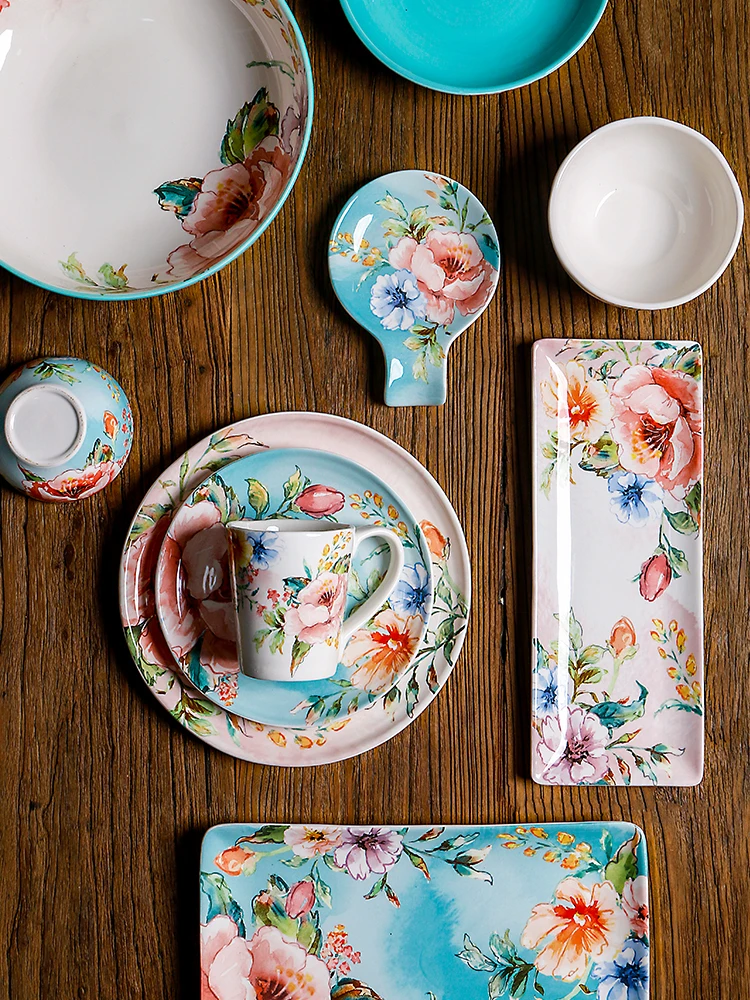 

Прямоугольная глубокая тарелка для сервировки с цветной подглазурной росписью, для домашнего использования, для ежедневного приема пищи взрослыми и использования в микроволновой печи