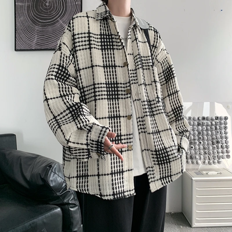 

Мужская рубашка с длинным рукавом в американском стиле, клетчатая, повседневная, весна-осень, новый тренд, уличный стиль, элегантный дизайн