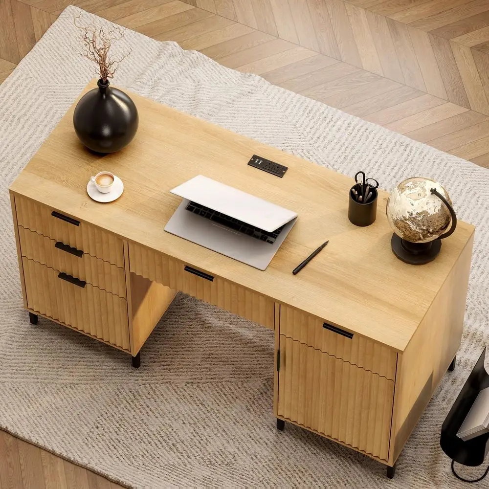 

55 Fluted Executive Desk, Modern Wood Home Office Desk with Charging Station, Keyboard Tray, File Drawer, Storage Cabinet, Comp