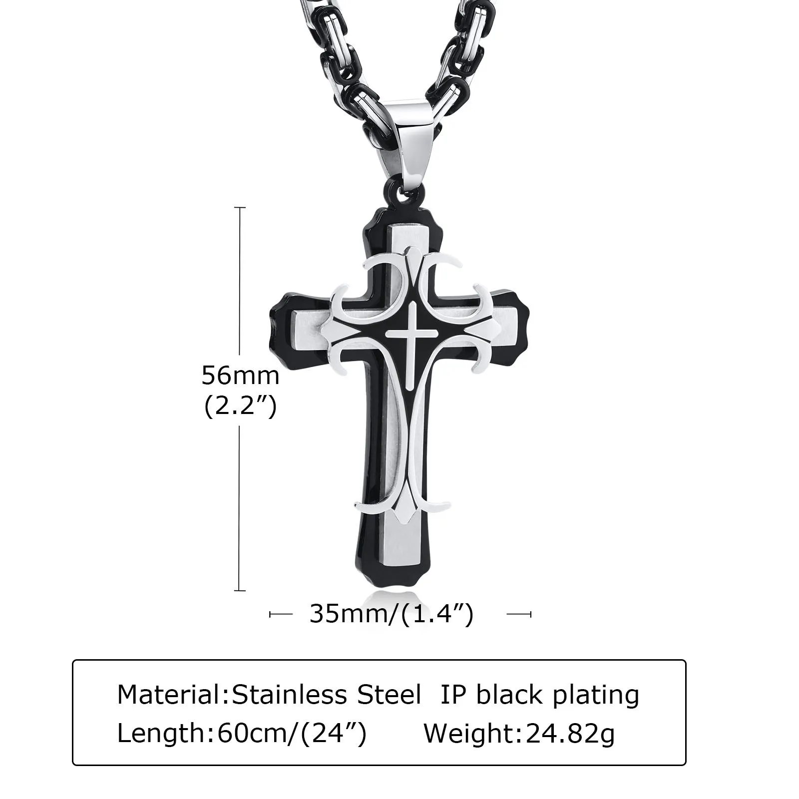 Vnox Men Cross Necklace with 4MM Byzantine Chain,Punk Rock Stainless Steel Catholic Crucifix Pendant Religious Jewelry