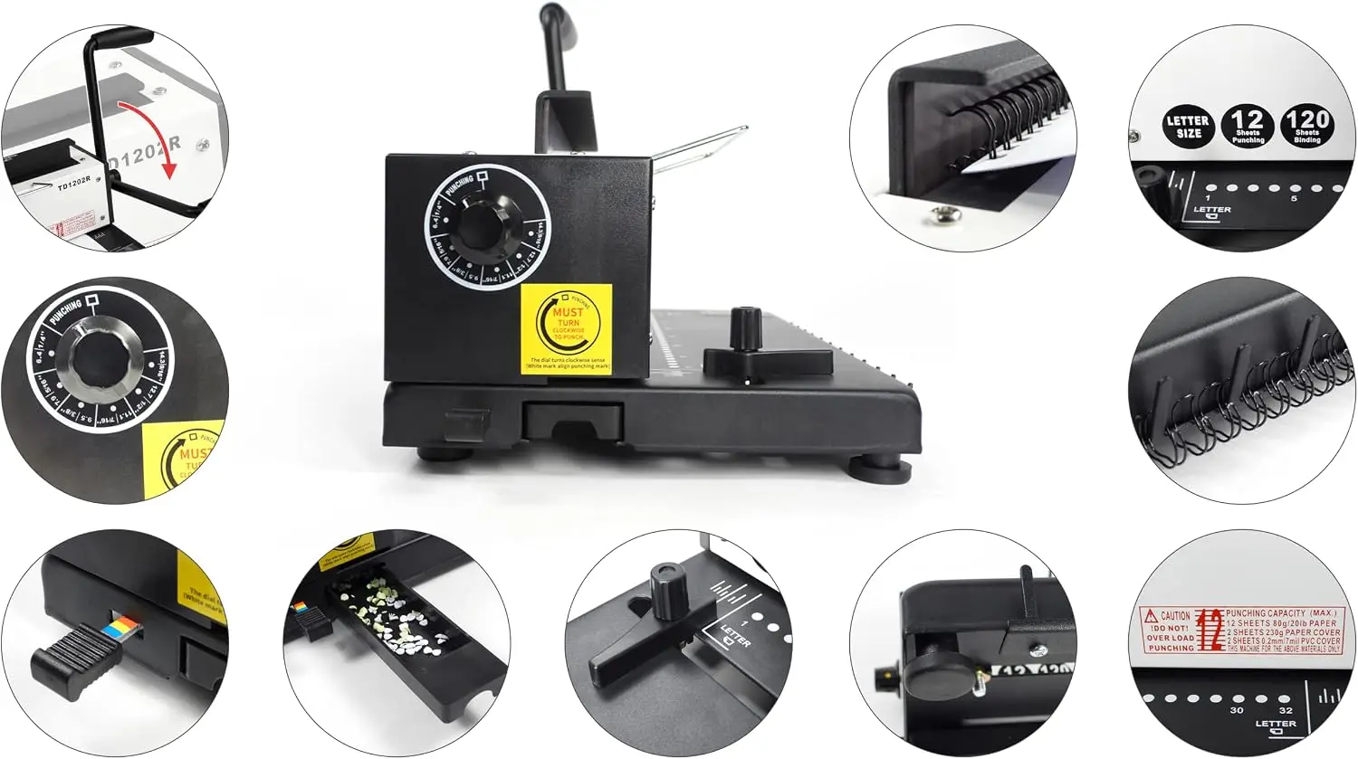 31 Wire Binding Machine 12 Sheet Punch 120 Sheet Capacity 32 Round Holes Letter Size Sheets Compatible Spiral Coil Click Binding