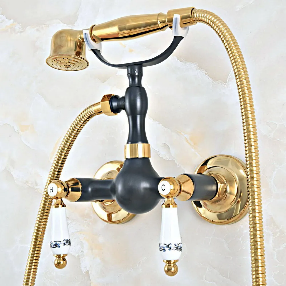 

Black Oil Rubbed & Gold Brass Wall Mounted Bathroom Hand Shower Faucet Set with 1500MM Hose Handheld Spray Head Mixer Tap Dna431