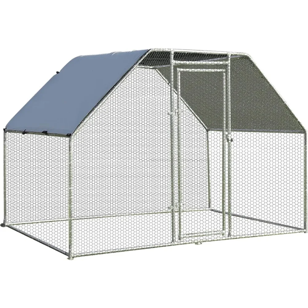 Large Metal Chicken Coop Walk-in Poultry Cage Chicken Run House, Flat Shaped Duck Hen Pen with Water-Proof Cover for Outdoor