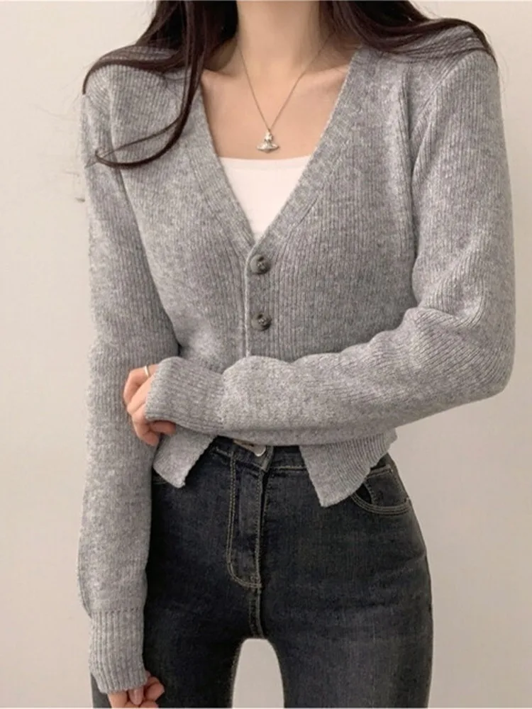 

Korean Sle Slim Fit ort Knitted Cardigan Women's V-Ne Sweater Jaet Thiened Autumn New Arrival Faion Ladies' Wear